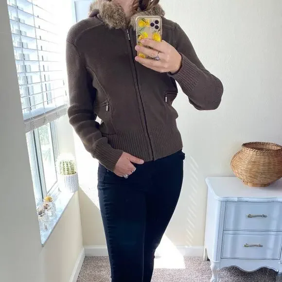 Nine & Co brown full zip sweater jacket with rabbit fur hood size large - Picture 3 of 8